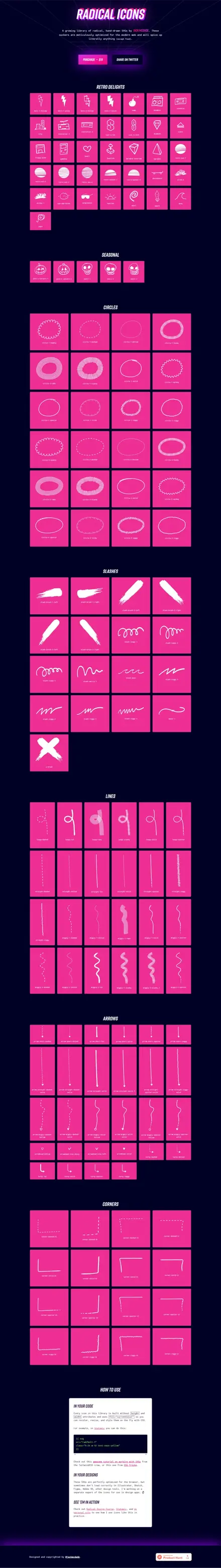Radical Icons website, landing pages
