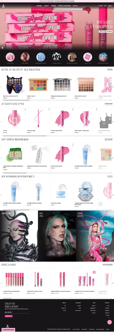 Jeffree Star Cosmetics website, beauty & skincare stores