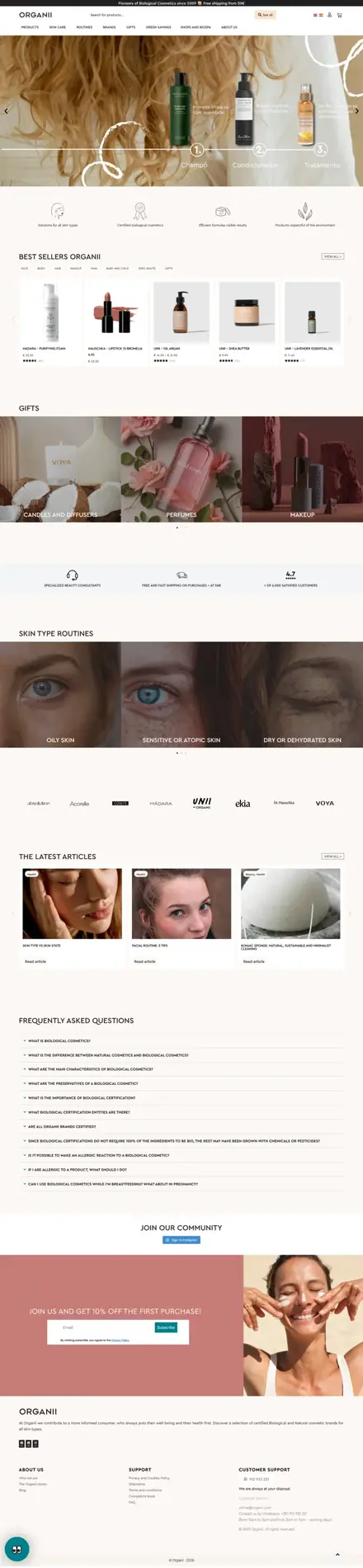 Organii website, beauty & skincare stores