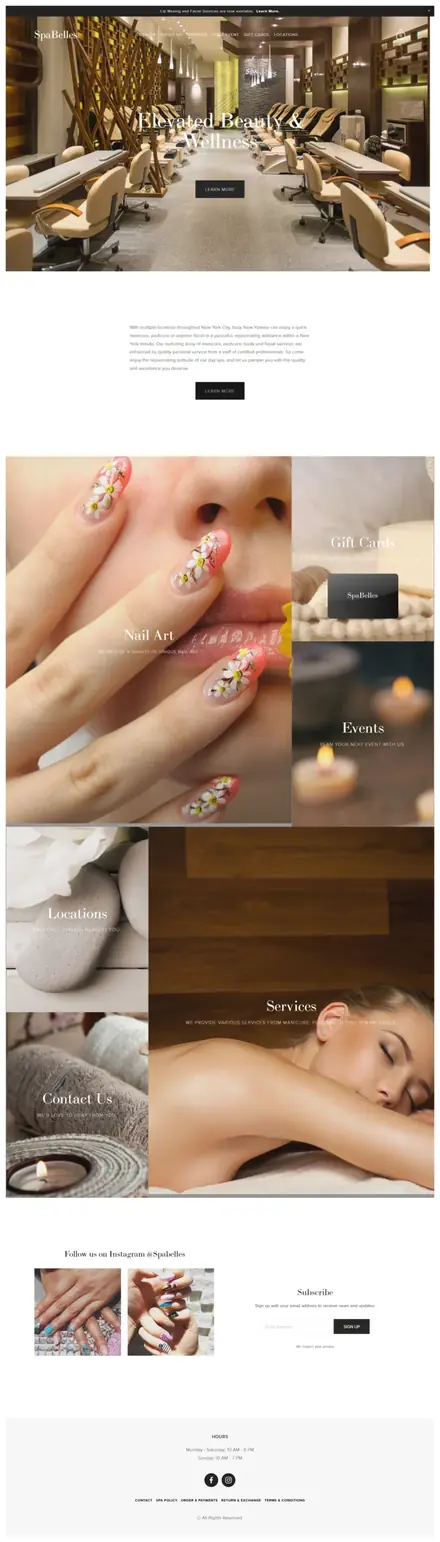 Spa Belles website, services