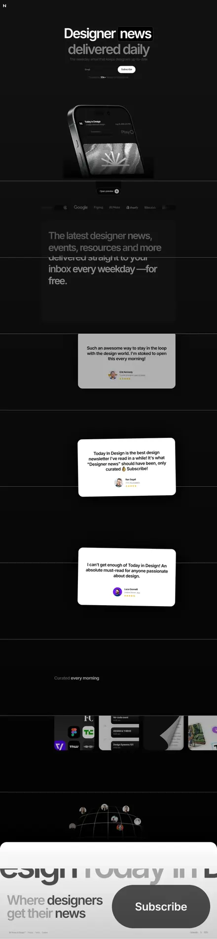 Today in Design website, landing pages