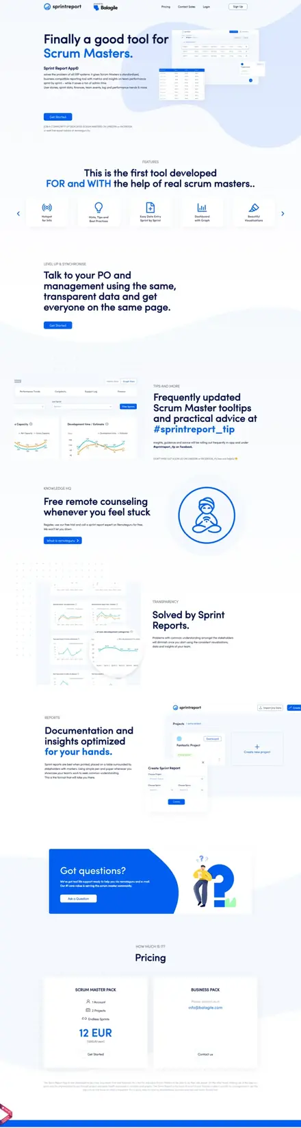 Sprint Report website, landing pages