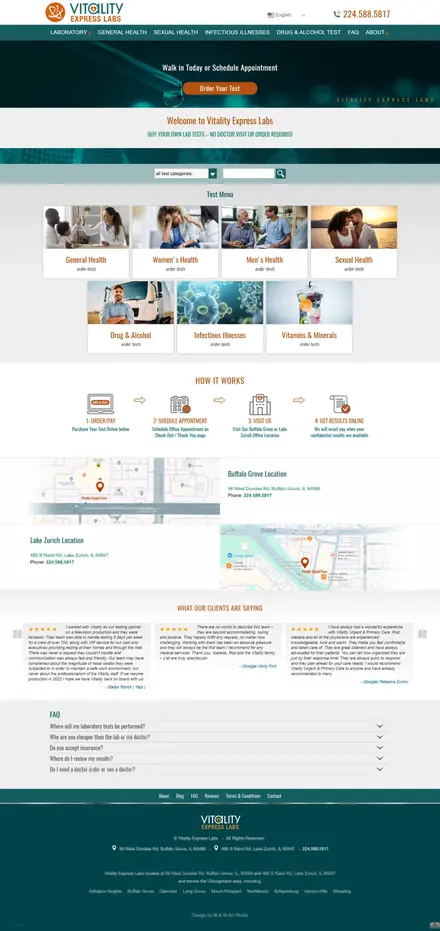 Vitality Express Labs website, healthcare websites