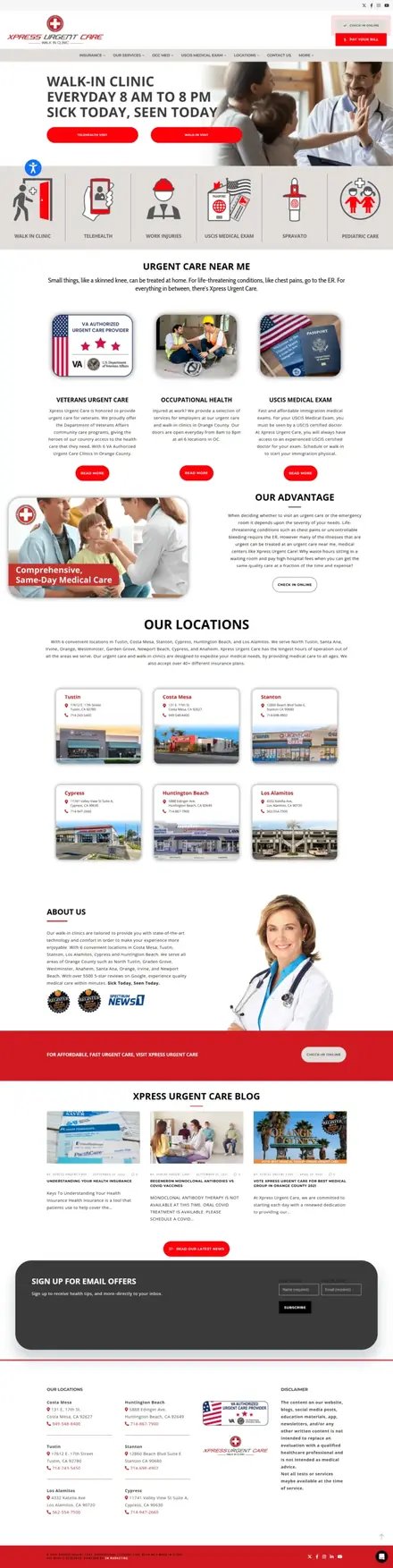 X Urgent Care website, healthcare websites